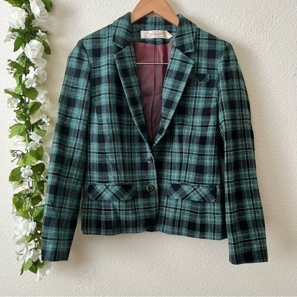 Pendleton 1970s Vintage Young Wool Green Tartan Plaid Suit Jacket Blazer